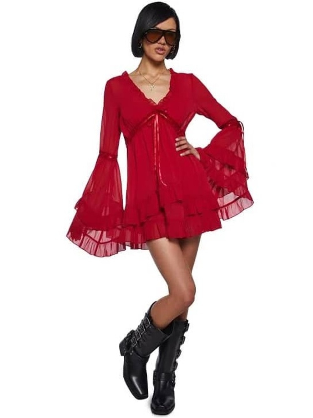 Dolls Kill Red Mini Dress with Bell Sleeves and Ribbon Ties Halloween Festival